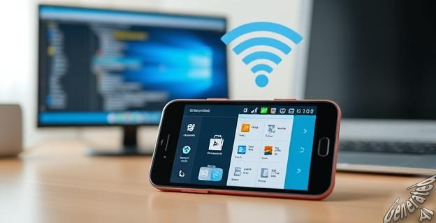 Una imagen de un smartphone y un ordenador conectados a través de una red WiFi, con una aplicación de intercambio de archivos abierta en la pantalla del smartphone.