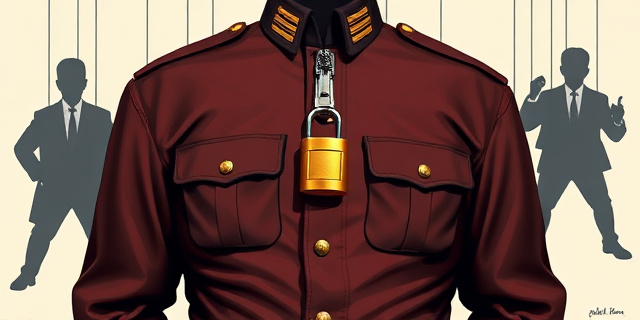 Una ilustración conceptual y satírica. Un uniforme de la Guardia Civil donde la parte del pecho tiene una cremallera cerrada con un candado dorado. Al fondo, sombras de figuras políticas moviendo hilos de marioneta sobre un mapa de España. Estilo editorial de revista, colores sobrios con contrastes fuertes, atmósfera de misterio y burocracia.