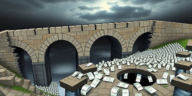 Una ilustración conceptual y satírica. Un enorme puente de piedra antiguo y agrietado que representa la Seguridad Social, donde los pilares se están desmoronando. En lugar de cemento, el puente está siendo sostenido por miles de pequeños tickets de compra y recibos de impuestos que actúan como cuñas precarias. Al fondo, un horizonte financiero oscuro con una sombra de deuda creciente, estilo editorial de revista económica, colores sobrios con contrastos fuertes.