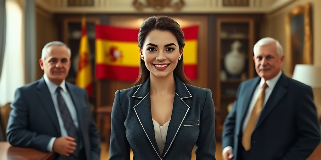 Una mujer joven con traje y sonrisa, rodeada de hombres mayores en un despacho lujoso, con una bandera de España al fondo.