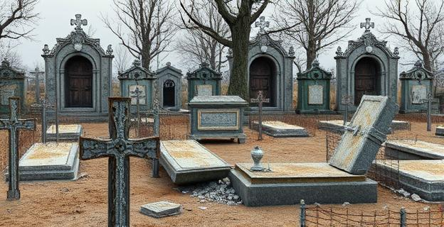 Un cementerio antiguo con lápidas y nichos vandalizados. Cruces de metal arrancadas, jarrones volcados y placas rotas. El paisaje es desolador, con rastros de forcejeo y materiales metálicos dispersos. Predominan tonos grises y ocres, con una atmósfera de abandono.