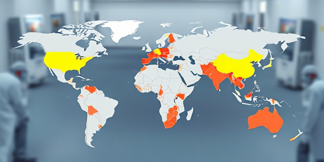 Un mapa del mundo con países resaltados que reciben ayuda humanitaria de España, con un fondo de hospitales y personal médico.