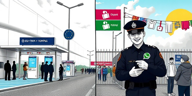 
  Una ilustración surrealista de una frontera europea con dos realidades superpuestas:
  - A la izquierda: Una aduana high-tech con agentes escaneando huellas dactilares, colas ordenadas y luces LED azules. Un letrero dice ‘Sistema SES – Control Total’.
  - A la derecha: Una verja abierta sin agentes, con personas cruzando sin pasaportes. Un policía sonríe mientras mira un WhatsApp en su móvil. Al fondo, un cartel de colores (rojo, magenta, azul, verde) con IDs colgando como ropa en un tendedero. El cielo está nublado en el lado izquierdo y soleado en el derecho, simbolizando la dualidad de normas.
  Estilo: Líneas gruesas al estilo de Banksy, con toques de distopía burocrática y humor negro.