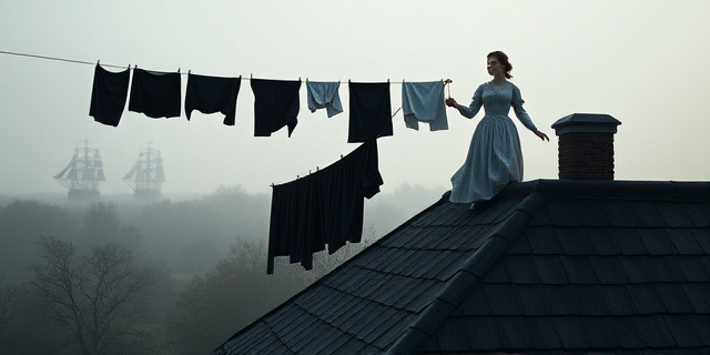 Una escena de la época colonial en Long Island: una mujer en su tejado colgando ropa de color negro y servilletas blancas, con la silueta de barcos británicos en el horizonte y una ligera bruma que envuelve la granja, sin rostros reales, estilo histórico y sombrío.