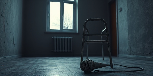 Una imagen conceptual y melancólica. Un primer plano de un andador metálico antiguo y oxidado apoyado contra una pared descascarada de un piso vacío y oscuro. A los pies del andador, un micrófono de televisión antiguo y empolvado, simbolizando la caída de la fama. Luz fría entrando por una ventana rota, atmósfera de soledad y decadencia urbana.