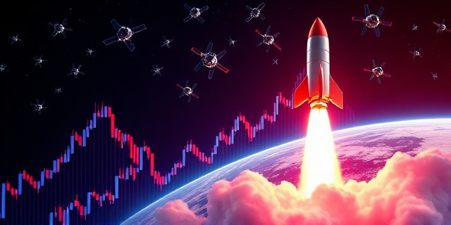 Una ilustración conceptual que combine la alta finanza con la exploración espacial. Un gráfico de velas bursátiles ascendentes que se transforman en la estela de fuego de un cohete despegando hacia el espacio. Al fondo, una lluvia de satélites orbitando la Tierra, con un estilo artístico moderno, colores neón sobre fondo oscuro y una estética de lujo tecnológico.