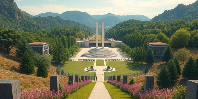 Un valle con un gran monumento en el centro, rodeado de árboles y flores, con un camino que conduce a un centro de interpretación y un museo