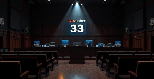 Una sala de tribunal vacía con escaños de madera oscura y una atmósfera sombría. Un foco de luz cenital ilumina el estrado. En un segundo plano, una oficina moderna con cubículos y monitores de ordenador, donde un grupo de figuras abstractas y sin rostro se congrega en torno a una pantalla, enviando mensajes. Un calendario digital muestra la fecha 3 de noviembre. El ambiente general es de intriga y manipulación.