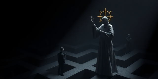 Una imagen conceptual que represente una figura religiosa, estilizada y abstracta, proyectando una sombra que cubre un laberinto oscuro y complejo. La sombra debe insinuar figuras humanas pequeñas y confusas dentro del laberinto, simbolizando secretos y corrupción. Colores oscuros y contrastados, con un toque de dorado para la figura religiosa.