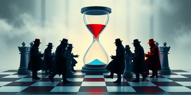 Una ilustración conceptual y satírica. Un tablero de ajedrez donde las piezas son siluetas de espías con gabardinas y sombreros, pero algunas piezas tienen colores políticos brillantes (rojo y azul). Al fondo, un reloj de arena gigante que se está rompiendo, simbolizando el plazo de seis meses. Estilo editorial de revista, colores contrastados, atmósfera de intriga y tensión política.