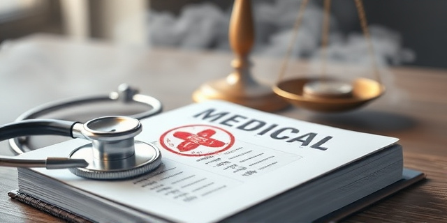 Una ilustración conceptual y satírica. Un estetoscopio y un sello oficial descansando sobre una agenda médica donde los nombres de los pacientes se desvanecen como humo. Al fondo, una balanza de justicia hecha de monedas y billetes, estilo arte digital moderno, colores fríos y contrastes marcados, sin personas reales.