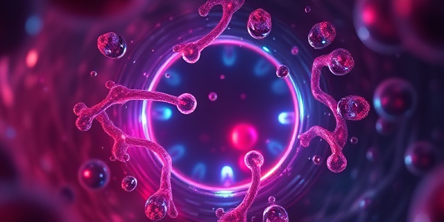Una representación artística y conceptual de una célula humana vista a través de un microscopio surrealista, donde se aprecian pequeñas gotas brillantes y viscosas flotando como nebulosas líquidas. El fondo es una mezcla de tonos orgánicos profundos y colores eléctricos, sugiriendo una 