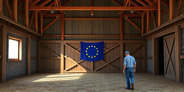 Un granero vacío con una bandera de la Unión Europea en la pared, mientras un agricultor español se aleja con la cabeza baja