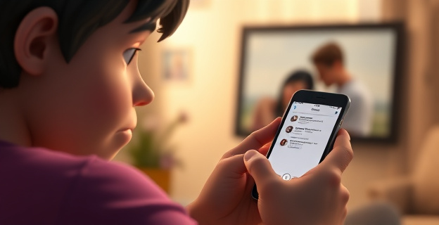 Una persona mirando su teléfono con expresión triste, con notificaciones de redes sociales en la pantalla y una foto de una pareja separada al fondo