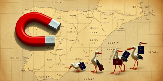 Una ilustración conceptual y satírica. Un mapa antiguo de España donde la provincia de Burgos está resaltada como un imán gigante que atrae pequeñas figuras de cigüeñas cargando maletas y pasaportes europeos. Estilo editorial de periódico, colores sobrios, atmósfera de misterio burocrático.