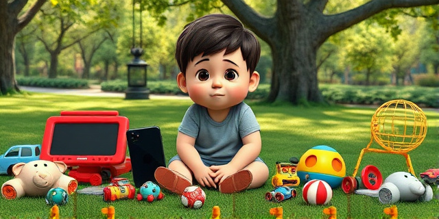 Un niño sentado en un parque, rodeado de juguetes y dispositivos electrónicos, con una expresión de aburrimiento en su rostro. De repente, se levanta y comienza a explorar el entorno, encontrando un árbol para trepar, un río para seguir y un jardín para descubrir. La imagen muestra la transición del aburrimiento a la aventura y el descubrimiento.