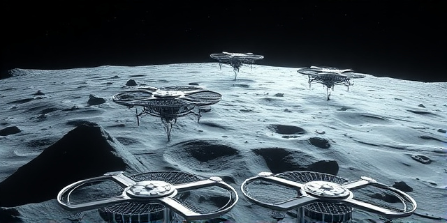 Una vista conceptual de la superficie lunar, con un paisaje rocoso y cráteres iluminados por la luz del sol. Cuatro dispositivos futuristas, con forma de drones estilizados y equipados con paneles solares y sensores, flotan sobre la superficie. El ambiente es sereno y misterioso, con un cielo oscuro salpicado de estrellas. Estilo artístico: ciencia ficción realista, colores fríos y contrastados.