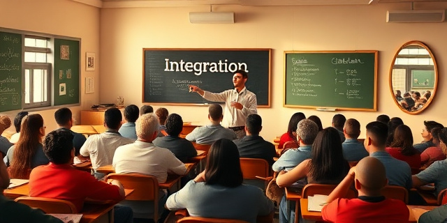 Un aula en la que cientos de personas aprenden catalán, con pizarras llenas de notas, un maestro señalando con entusiasmo y un espejo que refleja la palabra ‘integración’, todo bajo una luz cálida y un ambiente de comunidad.