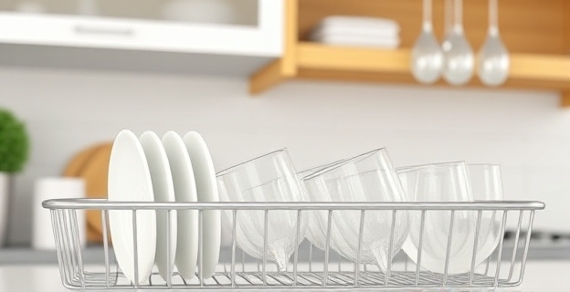 Imagen de una cocina con una rejilla de secado de platos y vasos limpios y brillantes