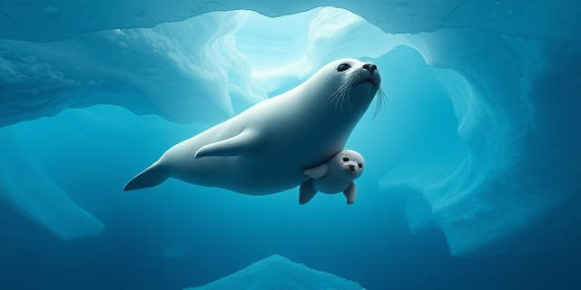 Una ilustración conceptual y artística de una foca Weddell adulta y su cría nadando bajo una capa de hielo antártico grueso. Estilo cinematográfico, luz filtrada a través del agua gélida, enfoque en la textura del hielo y las burbujas de oxígeno, atmósfera serena y majestuosa, colores azules profundos y blancos brillantes.