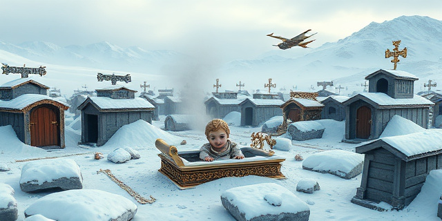 Un paisaje arkeológico de Siberia con una pila de tumbas cubiertas de nieve, un niño en una tumba con objetos dorados, símbolos de la realeza, con un fondo de montañas nevadas y vientos que agitan el polvo, sin rostros humanos visibles.