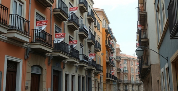 Una calle española con edificios de viviendas okupadas, con carteles de 