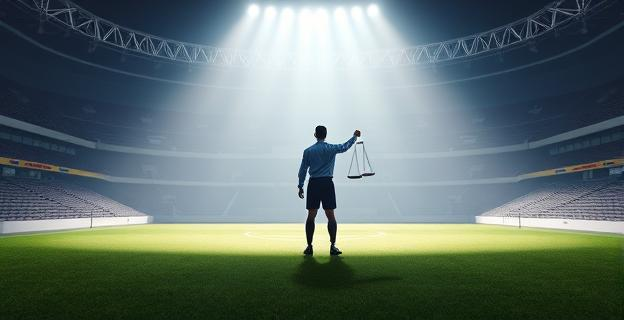 Imagen de un estadio de fútbol vacío con un foco en el centro, simbolizando la búsqueda de justicia en el fútbol español. Al fondo, una sombra de un árbitro con una balanza en la mano.