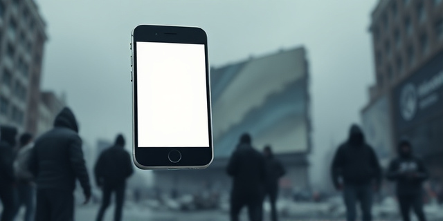 Una ilustración conceptual y satírica. En primer plano, un smartphone gigante y brillante flota en el aire, mostrando una pantalla de redes sociales vacía y en blanco. Al fondo, desenfocada y en tonos grises, se ve una escena de caos urbano con una pantalla de estadio volcada y sombras de personas con capuchas. El contraste es fuerte: la luz fría y digital del teléfono frente al desorden terroso de la calle.