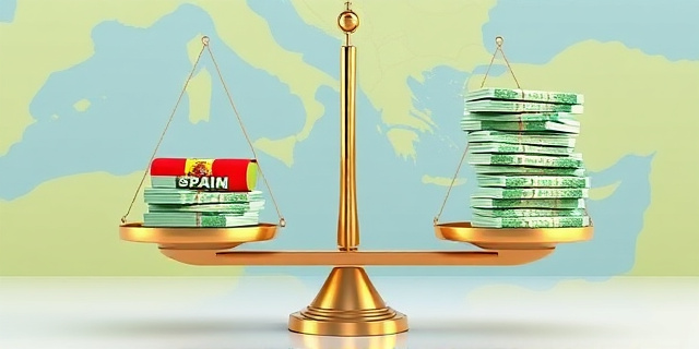 Una ilustración de una balanza financiera con dos piñas: una etiquetada como ‘España’ con una mano que sostiene una gran pila de billetes; la otra, ‘Marruecos’, con la mano en la otra dirección, mostrando una pila más grande y creciente. Al fondo, un mapa del Mediterráneo con luces que destacan el comercio entre ambos países.