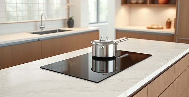 Una cocina moderna con encimera de piedra natural donde está integrada una placa de cocina que parece parte de la superficie, sin bordes ni cortes visibles. Sobre ella, una olla está siendo calentada directamente por infrarrojos.