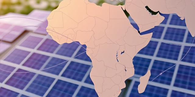 Un mapa de África con Marruecos destacado, rodeado de conexiones eléctricas y un fondo de paneles solares