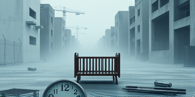 Una composición abstracta que represente una cuna vacía en un paisaje urbano desolado, con tonos grises y azules predominantes. La imagen debe transmitir una sensación de soledad y futuro incierto, utilizando texturas ásperas y pinceladas expresivas. Incluir elementos simbólicos como relojes rotos o edificios a medio construir.