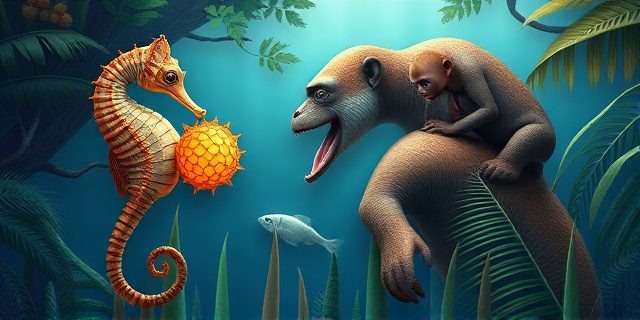 Una ilustración surrealista y detallada que combine elementos de paternidad animal: un caballito de mar con una bolsa incubadora brillante, un pez constructor con un nido de algas y un pequeño mono aferrado a la espalda de su padre, todo envuelto en un entorno natural vibrante que mezcla el océano y la selva amazónica, estilo arte conceptual digital.