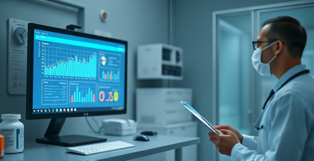 Una herramienta de inteligencia artificial asistiendo a profesionales de la salud en una sala de medicamentos, con pantalla de computadora mostrando gráficos y datos, y un médico revisando una receta médica en el fondo.