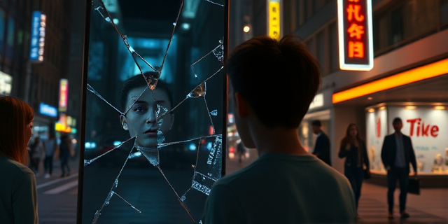 Una escena urbana nocturna donde una figura solitaria se enfrenta a un espejo roto que refleja fragmentos de su propio rostro con luces de neón. La ciudad a su alrededor vibra con el sonido de pasos y el murmullo de conversaciones, pero el foco está en la introspección interna y el proceso de auto‑validación.