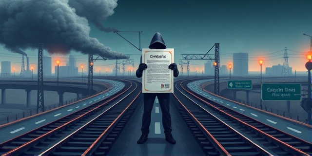 Una ilustración surrealista que muestre una vía de trenes y una carretera convergiendo en un punto central, con una figura encapuchada de traje sosteniendo un contrato gigante, rodeada de nubes de humo de fábricas y farolas luminosas, sin rostros reales ni texto.