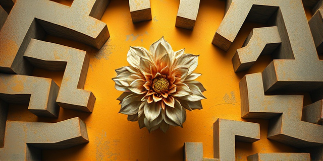 Una composición abstracta en tonos ocres y grises que evoca un laberinto burocrático. En el centro, una flor marchita con pétalos que simulan billetes arrugados. El estilo debe ser similar al expresionismo abstracto, con pinceladas gruesas y texturas rugosas. Evitar figuras humanas.