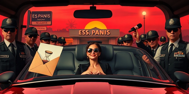 
  Imagen surrealista y crítica: Una mujer elegante (sin rostro) sentada en un coche blindado de lujo (como los de los años 80), rodeada de 12 agentes con chalecos antibalas y gafas de sol. Al fondo, un restaurante de clase media con un letrero 