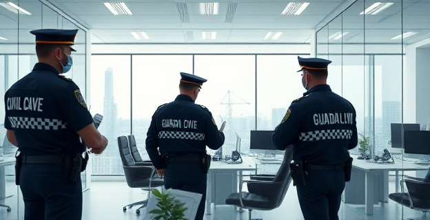 Una escena de una operación policial en una oficina corporativa moderna con agentes de la Guardia Civil revisando documentos y llevando a cabo registros en varias sedes de una empresa de energías renovables.