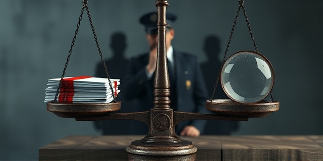Una ilustración conceptual de estilo editorial. Una balanza de la justicia oxidada donde un lado pesa más debido a un fajo de documentos oficiales con sellos rojos y el otro lado tiene una lupa rota. De fondo, sombras de figuras en trajes oscuros susurrando al oído de un agente de policía que mira hacia otro lado. Colores fríos, grises y azul marino, con un toque de amarillo irónico.