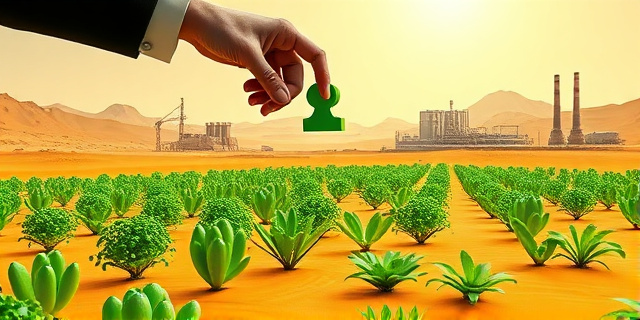 Una ilustración conceptual que muestre un campo de hortalizas verdes y vibrantes emergiendo de un desierto árido y dorado. En el fondo, una moderna planta desalinizadora industrial. Sobre el terreno, una mano gigante de traje empresarial coloca una ficha de juego de mesa sobre el mapa, simbolizando la colonización económica. Estilo editorial, colores contrastados, atmósfera irónica y sofisticada.