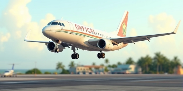 Una imagen de un avión oficial aterrizando en un aeropuerto caribeño, con personas importantes de fondo