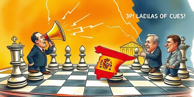 Una ilustración satírica de estilo editorial. Un tablero de ajedrez donde las piezas son caricaturas de políticos españoles. Una de las piezas sostiene un megáfono gigante que lanza rayos eléctricos, mientras que otra pieza intenta coser un mapa de España que se está deshilachando. Fondo de colores contrastados, estilo acuarela y tinta, atmósfera de caos parlamentario.