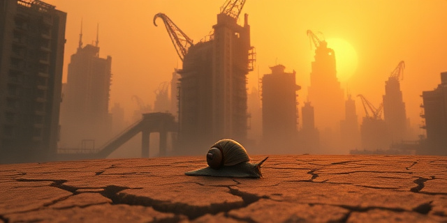 Una metrópolis distópica inundada por calor, con edificios retorcidos y el cielo anaranjado. La ciudad está cubierta por una neblina espesa y el ambiente es opresivo. Un pequeño caracol intenta avanzar sobre una superficie agrietada y reseca. Estilo pictórico, colores intensos y contrastados.
