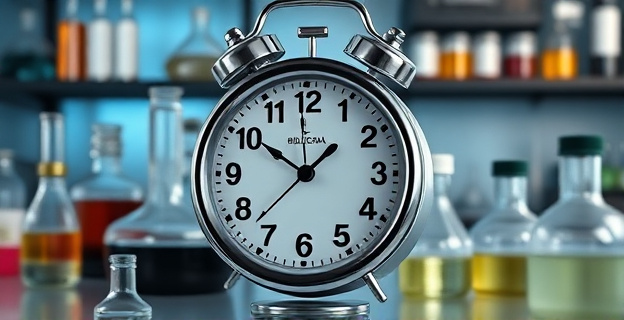 Imagen conceptual de un reloj biológico con fondo de laboratorio y elementos que representan la química y el envejecimiento