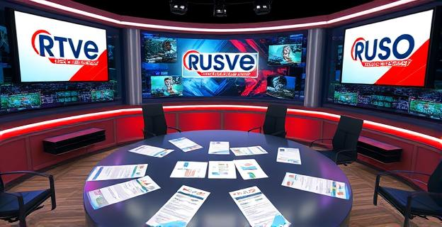 Imagen de una sala de redacción de televisión con pantallas mostrando logotipos de RTVE y USO, con documentos y contratos esparcidos sobre una mesa central