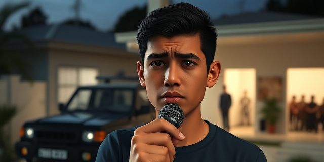 Un joven venezolano con la mirada cansada y la frente marcada por la indignación, sostén un micrófono en un centro electoral de Punto Fijo. Al fondo se ve un 4X4 estacionado frente a su casa, con una sombra que recuerda al Helicoide. El ambiente transmite tensión y vigilancia, con luces tenues y el murmullo de una multitud distante.
