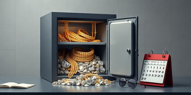 Una ilustración satírica de una caja fuerte abierta donde brillan collares y joyas lujosas, contrastando con un fondo de oficina gris y aburrida. Al lado, un par de gafas viejas y un calendario polvoriento, simbolizando el olvido deliberado. Estilo editorial de revista política, colores contrastados, atmósfera de ironía.