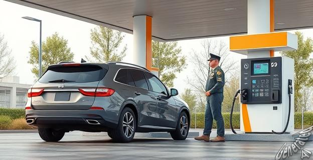 Imagen de un vehículo en una estación de servicio con un guardia civil supervisando el repostaje de gasolina.