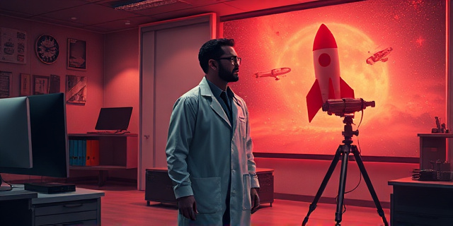 Una ilustración surrealista que combine la alta tecnología con lo cotidiano: un científico con bata de laboratorio en un entorno de oficina moderno, mientras una silueta etérea y translúcida de energía oscura flota a su lado sin que él la note. Al fondo, un cohete espacial hecho de piezas de juguete y un telescopio antiguo flotando en un vacío estrellado, estilo arte conceptual digital con colores neón y sombras profundas.